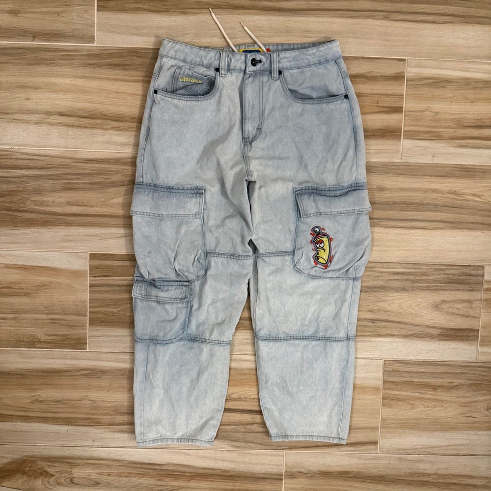 Empyre Loose Fit Cargo Jeans Light Wash Graffiti Embroidery‎ Blue Mens 30